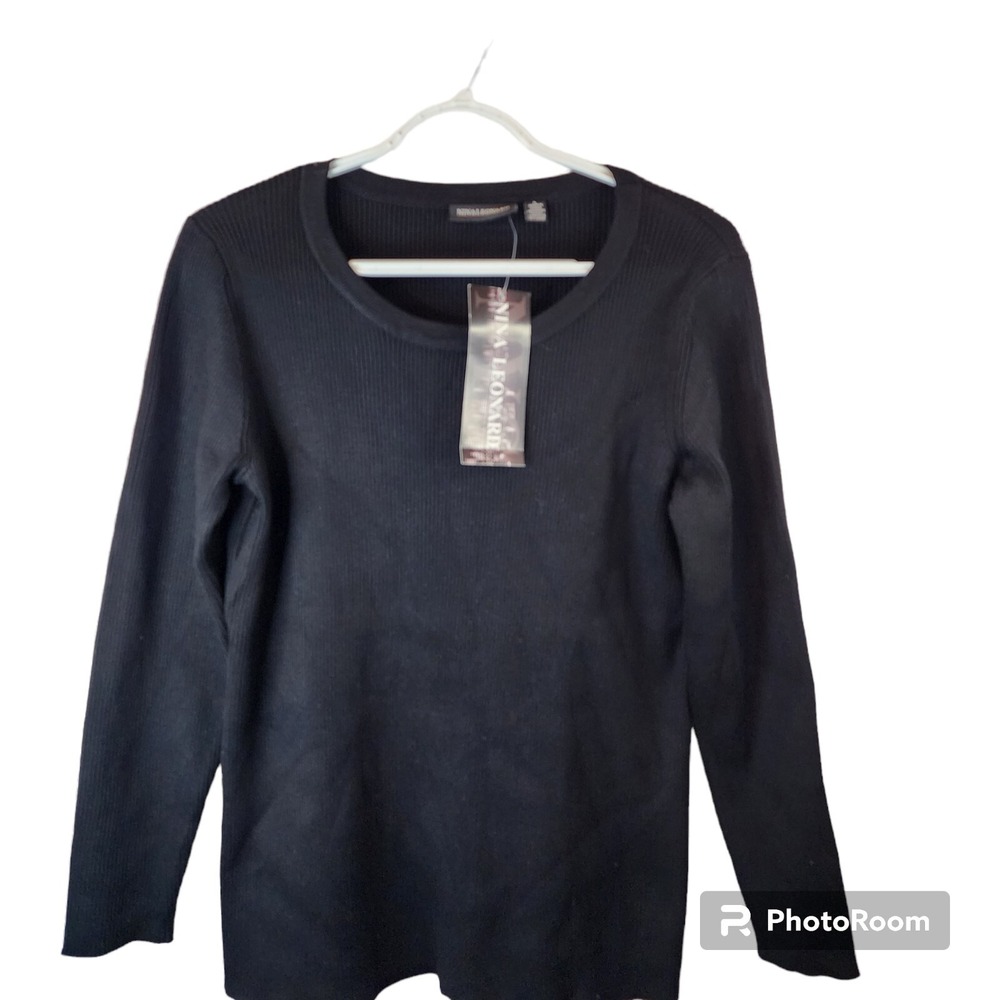 New Nina Leonard Black Sweater Fine Rib Knit‎ Womens Size Large Rayon Polyester